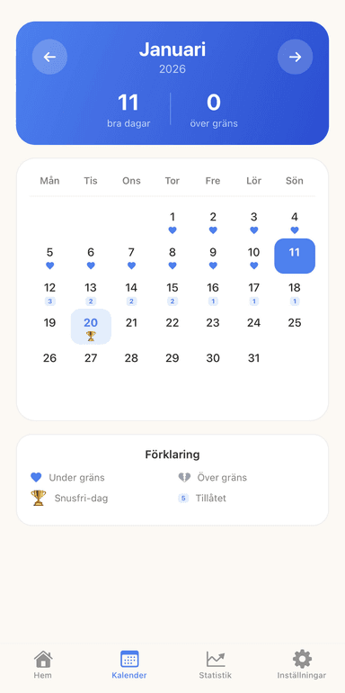Snusfria app calendar screen